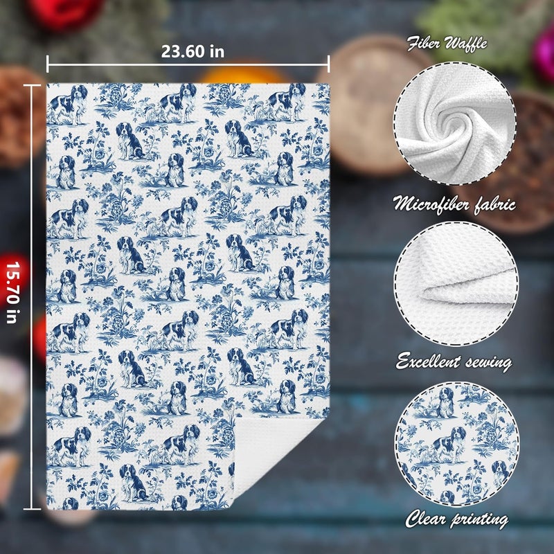 Nipil Chinoiserie Cavalier King Charles Spaniel Kitchen Towels Set of 2, Blue and White Floral Cavalier Spaniel Decor, Grandmillennial Dog Hand Towels for Kitchen Bathroom, 16x24 Inch - Image 2